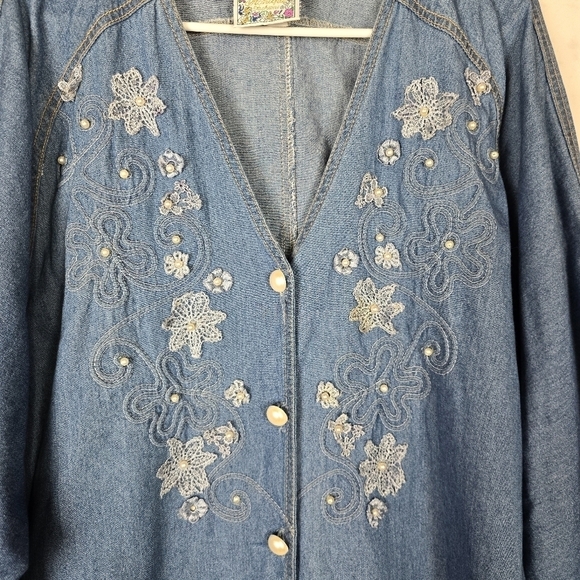 Vintage 80s Denim Floral Embroidered Beaded Button Up Shirt Tunic Mini Dress - Picture 4 of 8